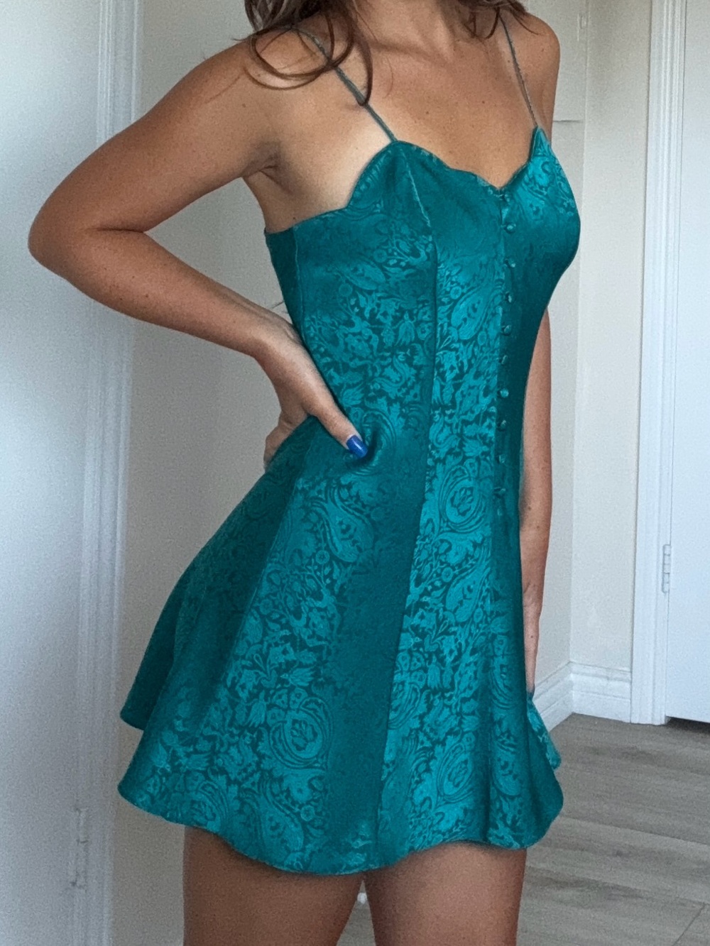 Vintage Victoria's Secret Teal Floral Jacquard Slip Mini Dress